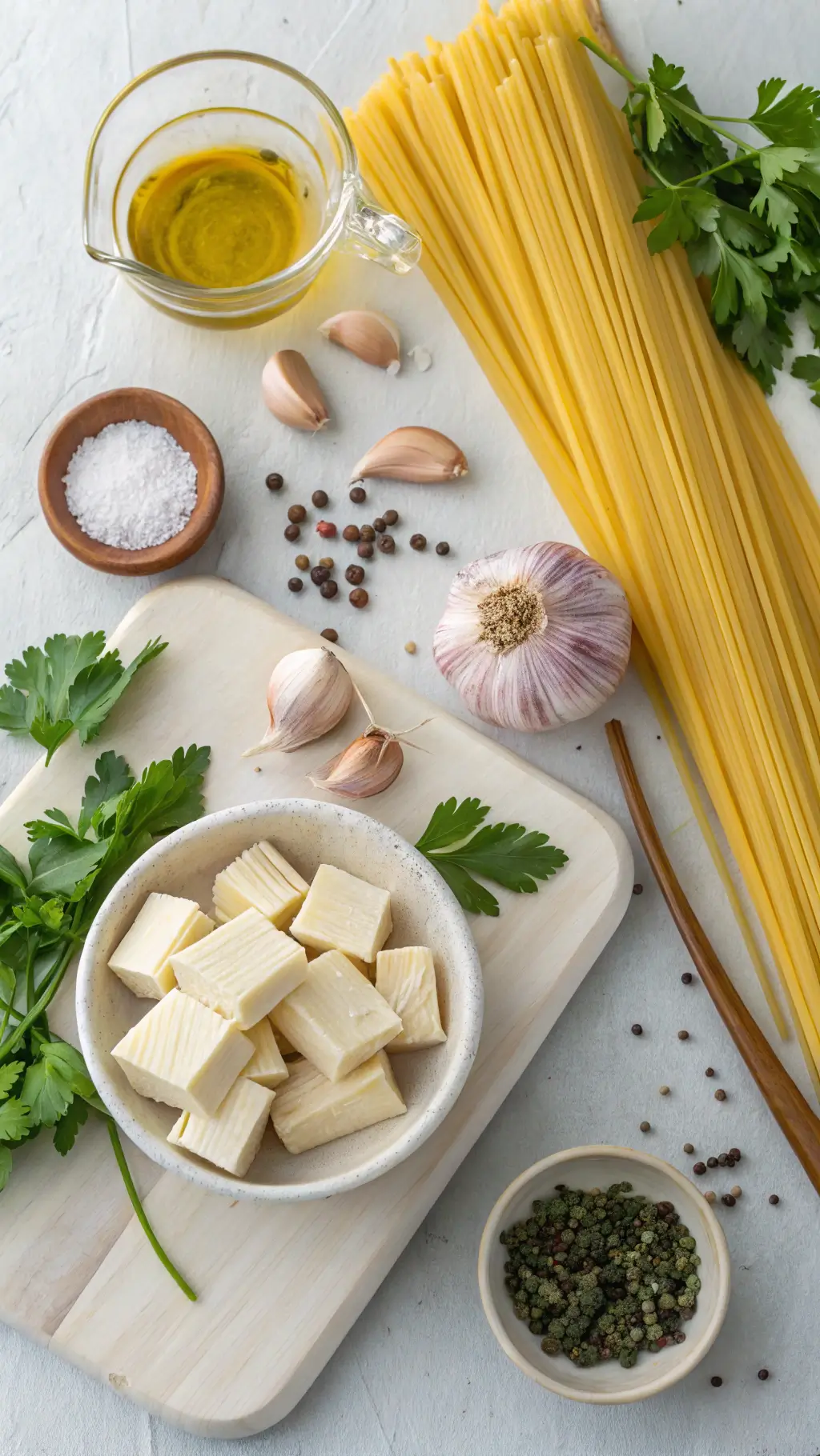 Składniki do makaronu z tofu – makaron, tofu, czosnek, cebula, oliwa, przyprawy.