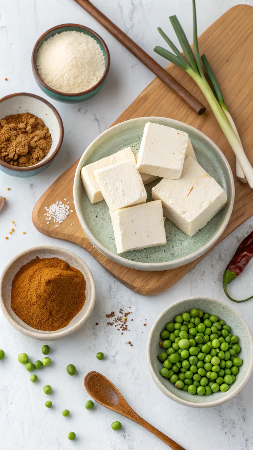 Składniki do makaronu z tofu – tofu, groszek, przyprawy, skrobia kukurydziana, cebulka dymka.