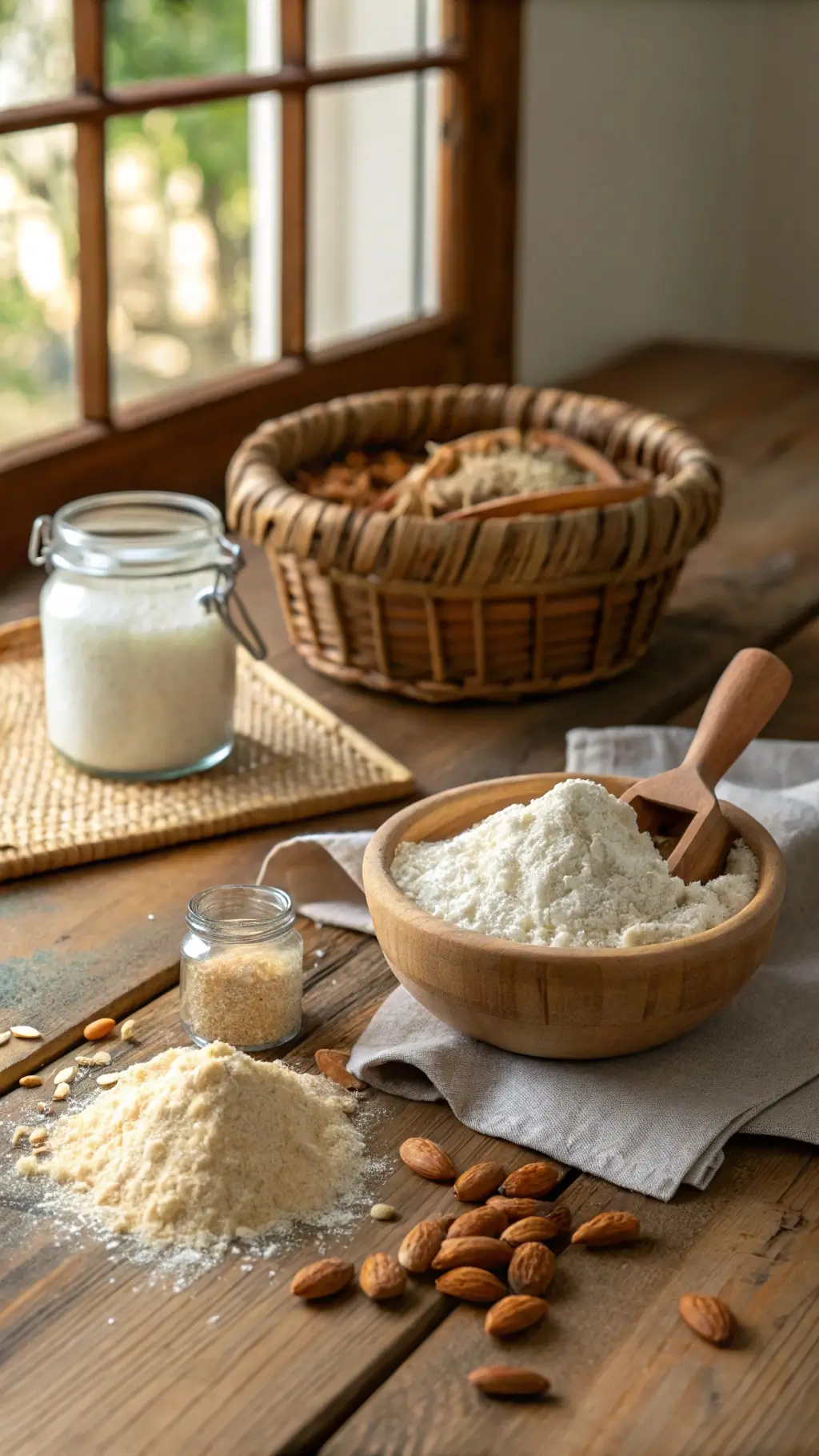 Składniki do przygotowania bezglutenowych ciastek - mąka, migdały i cukier.