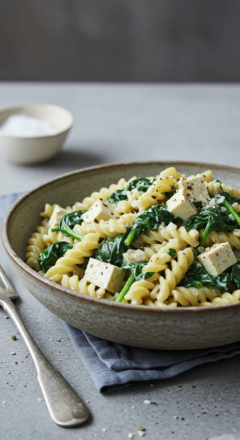 Makaron z tofu i szpinakiem, posypany solą i pieprzem.