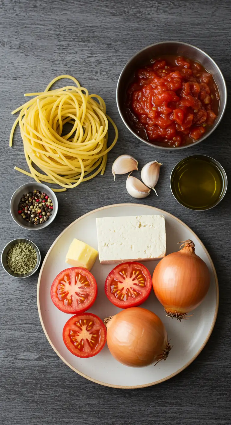 Składniki do makaronu z tofu – makaron, tofu, pomidory, cebula, czosnek, przyprawy.