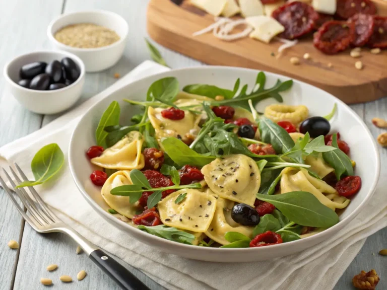 Sałatka z tortellini z suszonymi pomidorami, rukolą i oliwkami na talerzu.