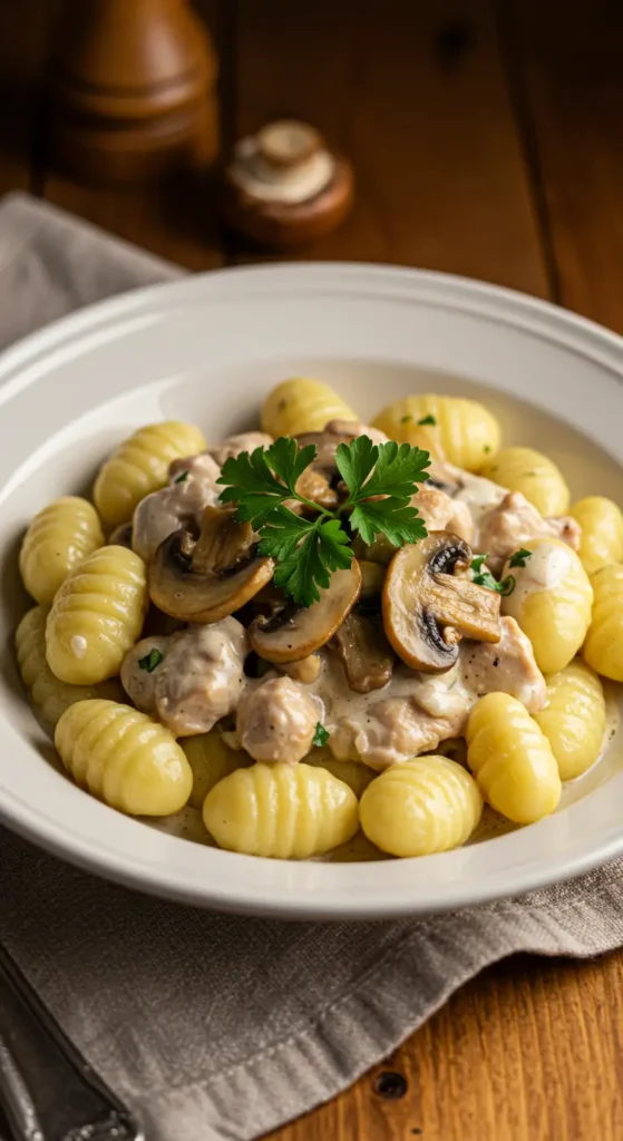 Kremowe gnocchi z kurczakiem i pieczarkami na talerzu – domowy obiad