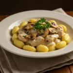 Kremowe gnocchi z kurczakiem i pieczarkami na talerzu – domowy obiad