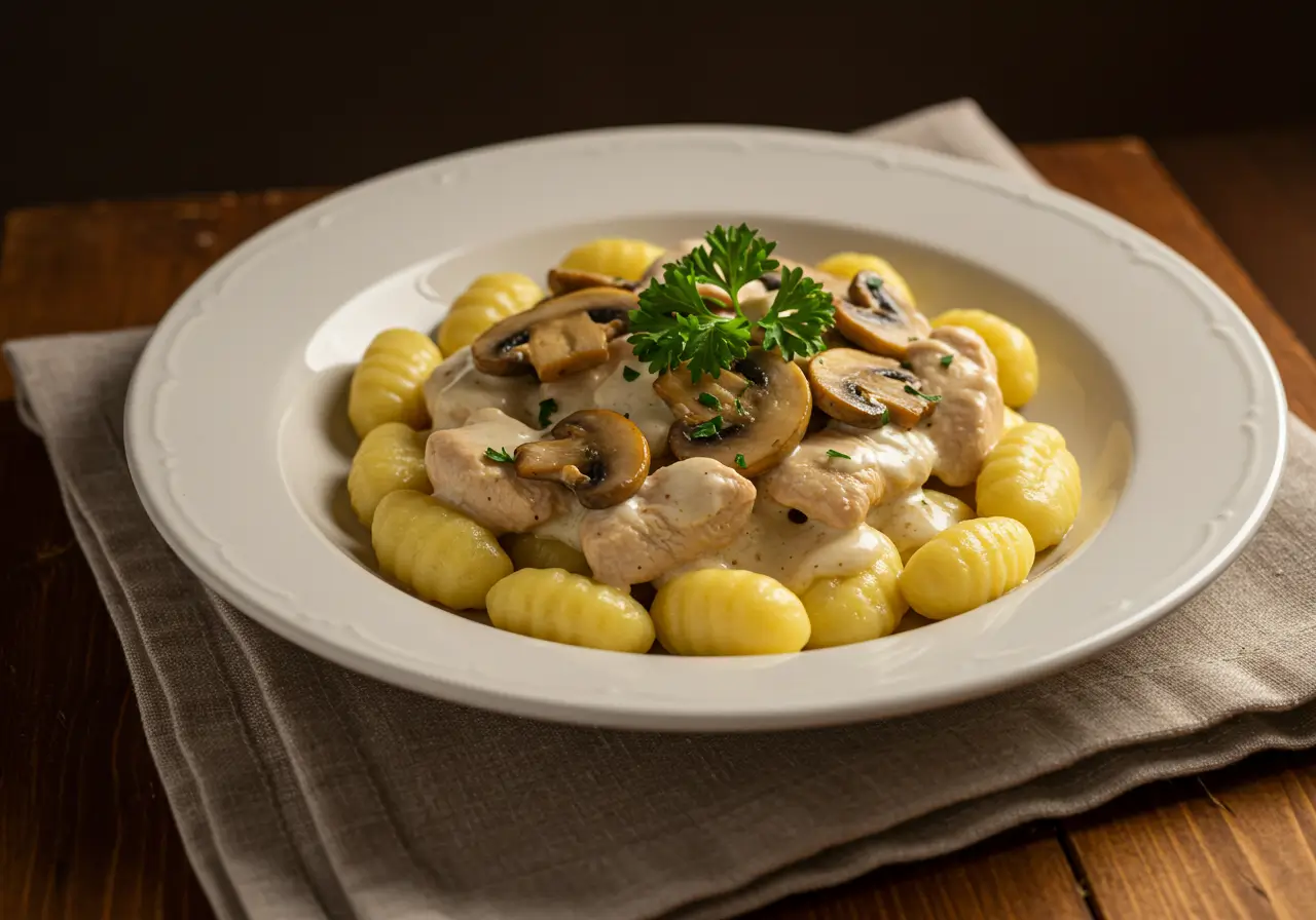 Kremowe gnocchi z kurczakiem i pieczarkami na talerzu – domowy obiad
