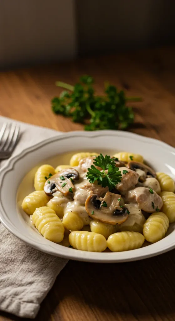 Kremowe gnocchi z kurczakiem i pieczarkami na talerzu – domowy obiad