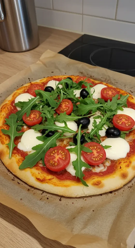 3-składnikowa pizza z serka wiejskiego z warzywami i mozzarellą na papierze do pieczenia