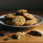 Kruche ciasteczka z czekoladą ułożone na rustykalnej tacy, obok filiżanki kawy, w ciepłym świetle kuchennym – domowy deser z kawałkami czekolady.