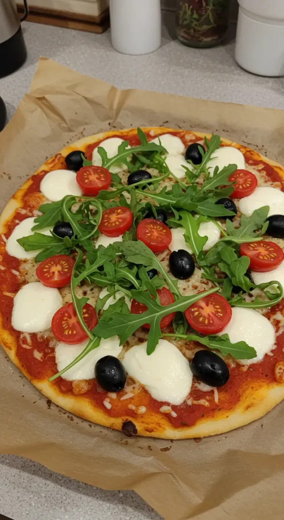 3-składnikowa pizza z serka wiejskiego z warzywami i mozzarellą na papierze do pieczenia