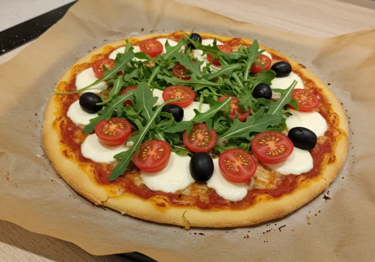 3-składnikowa pizza z serka wiejskiego z warzywami i mozzarellą na papierze do pieczenia